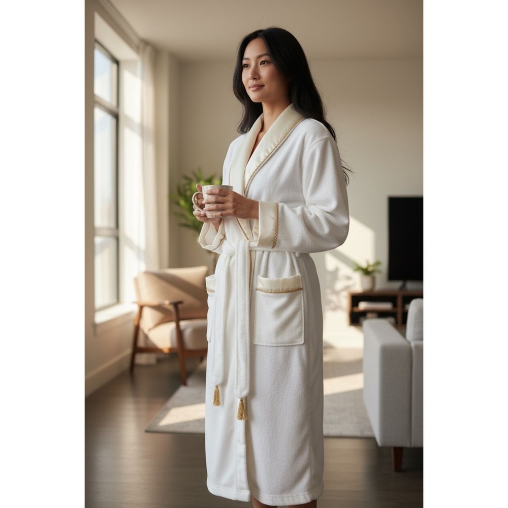 Cacique Womens White soft luxurious gold trimmed Kimono Robe Size L hotel resort